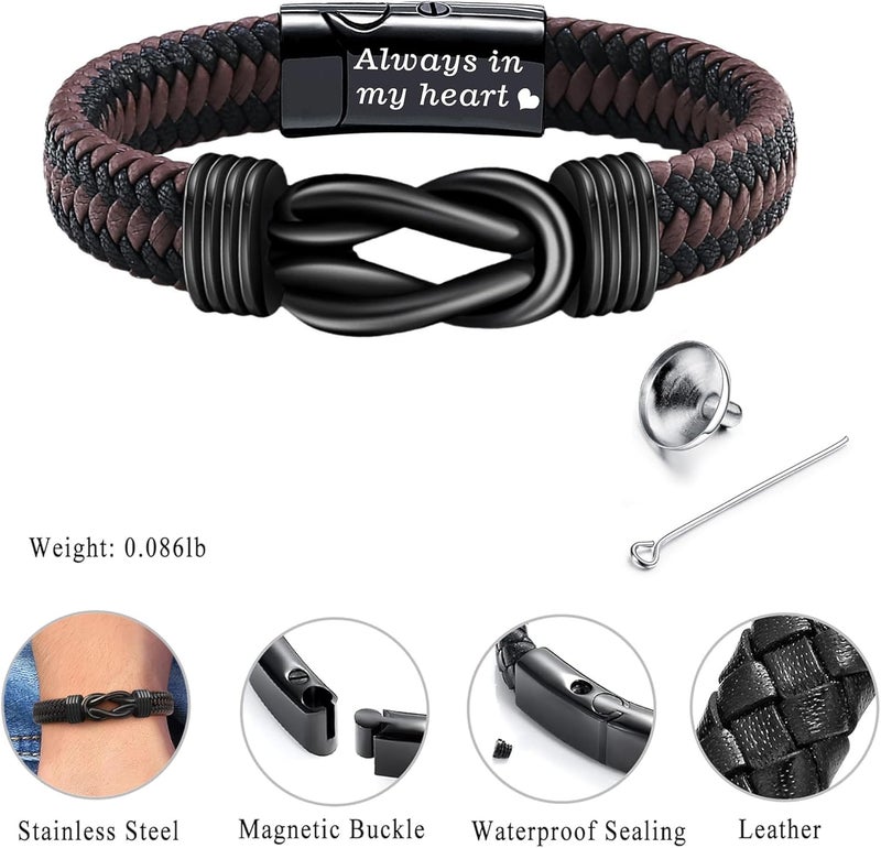 YOUFENG Urn Bracelet for Human Ashes Leather Cremation Knot Cross Bracelet Stainless Steel Keepsake Cuff Bangle Jewelry for Men - Image 2